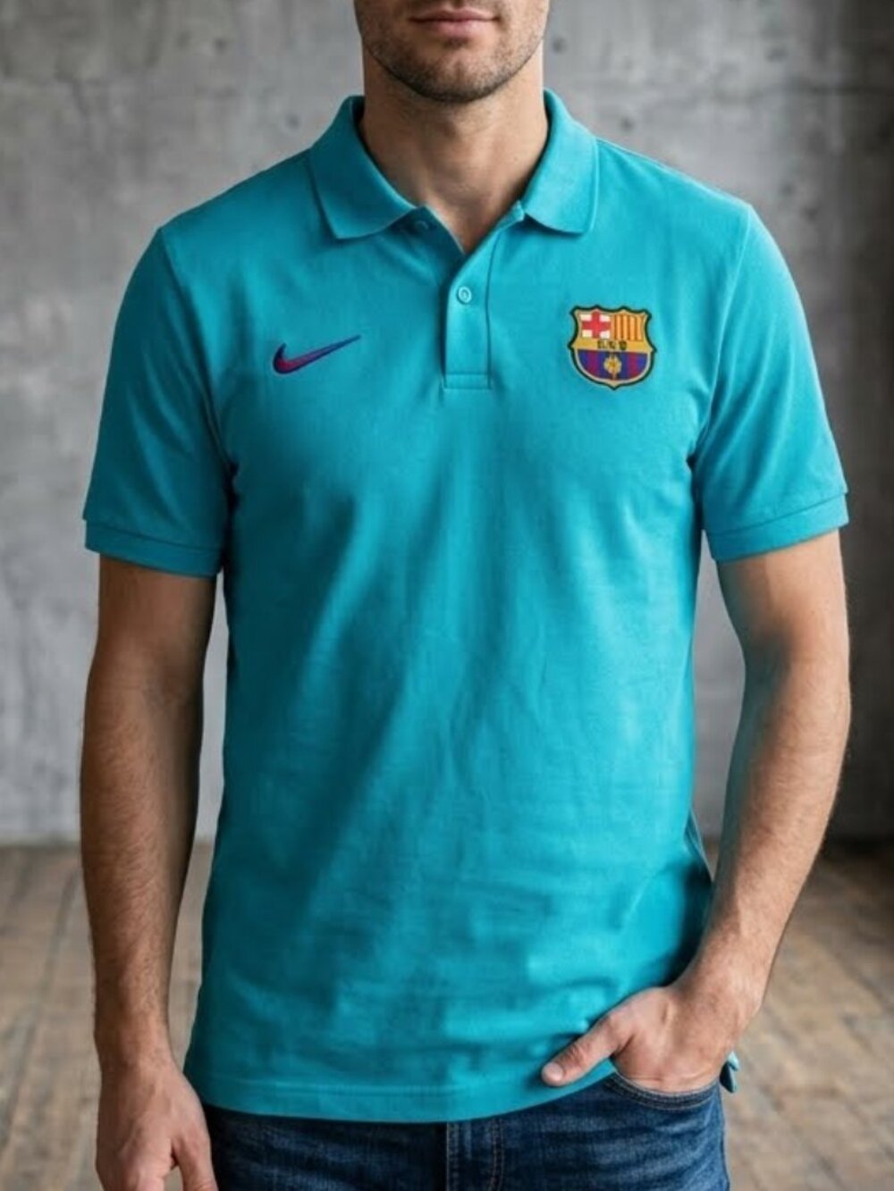 Nike FC Barcelona Polo Shirt Teal Blue BARCA Football Club Soccer Men's L